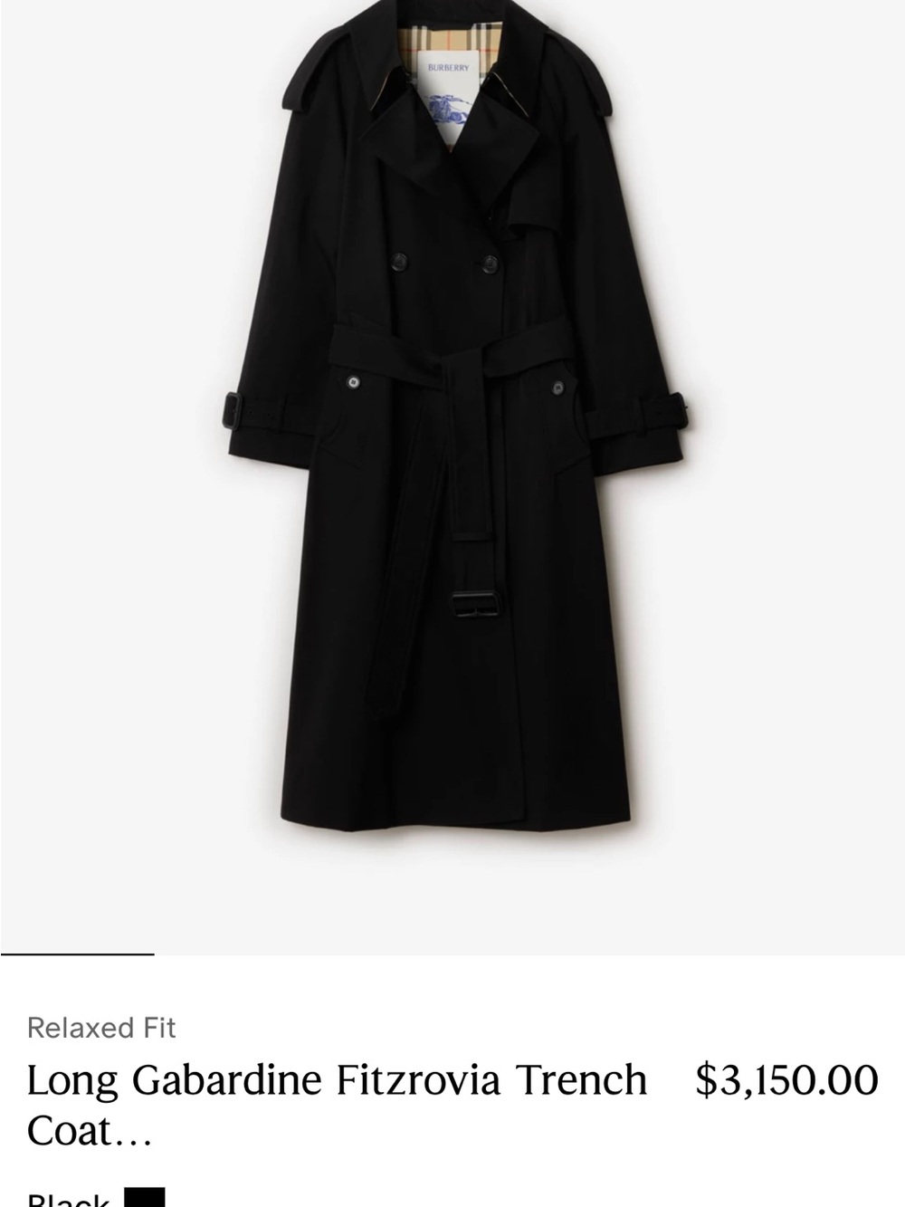 Burberry Black Long Gabardine Trench Coat with Belt